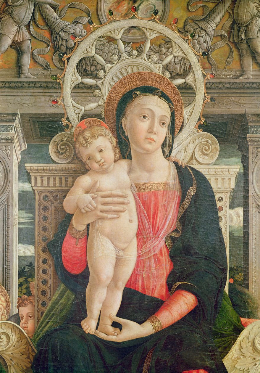 Šv. Zenono Veronos altorius, centrinės plokštės detalė, vaizduojanti Mergelę ir Kristaus Kūdikį, 1456-60 (237994 detalė)poli autorstwa Andrea Mantegna
