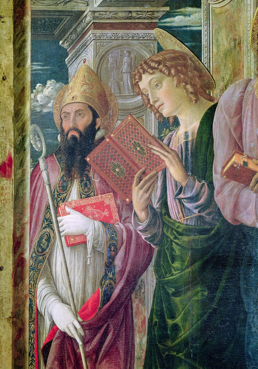 Ołtarz św. Zenona z Werony, detal lewego panelu przedstawiający św. Jana Chrzciciela i św. Augustyna, 1456-60 autorstwa Andrea Mantegna