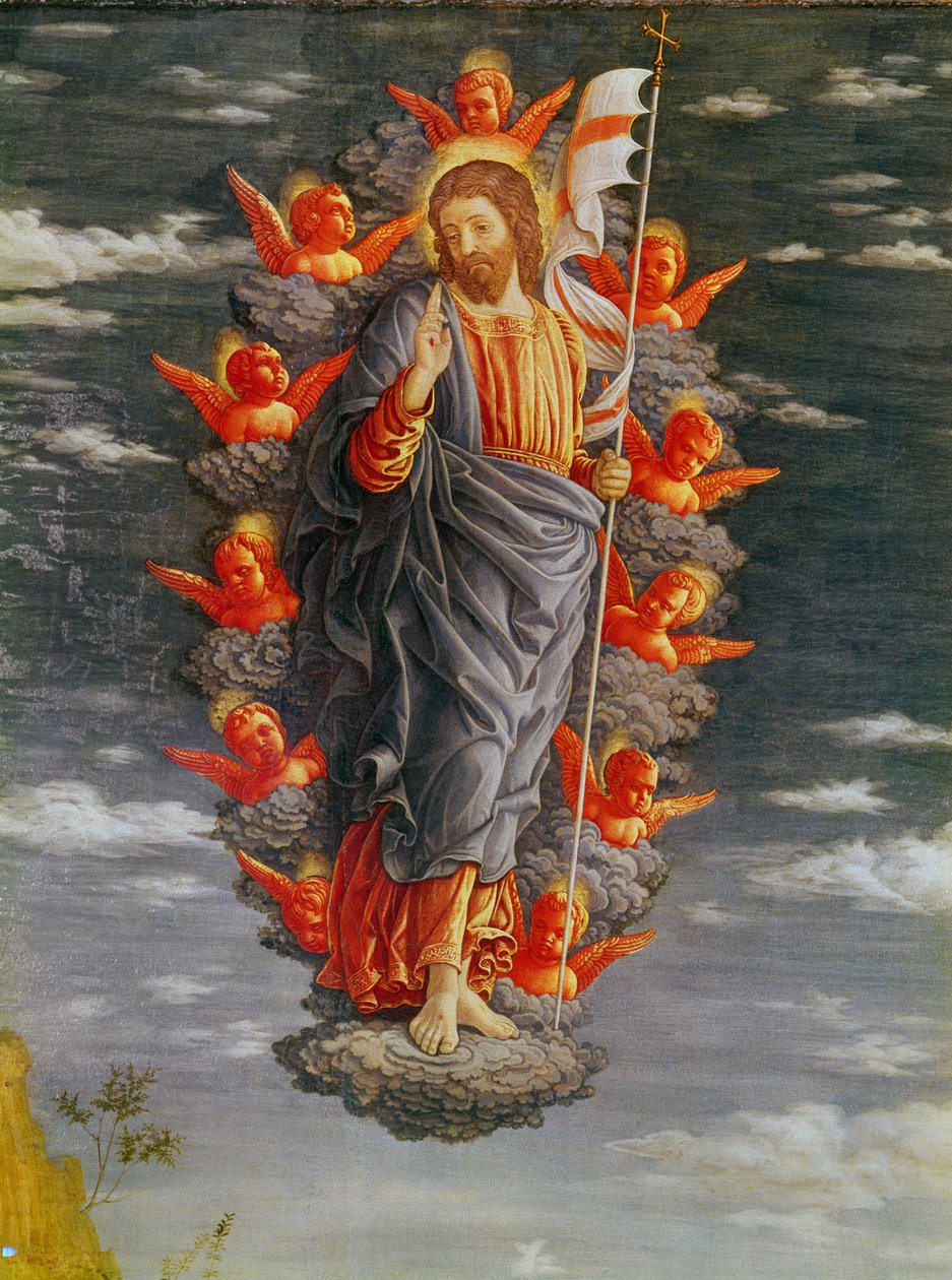 Ołtarz Adoracji Trzech Króli lewy panel: Wniebowstąpienie, detal Chrystusa, ok. 1466 tempera na desce autorstwa Andrea Mantegna