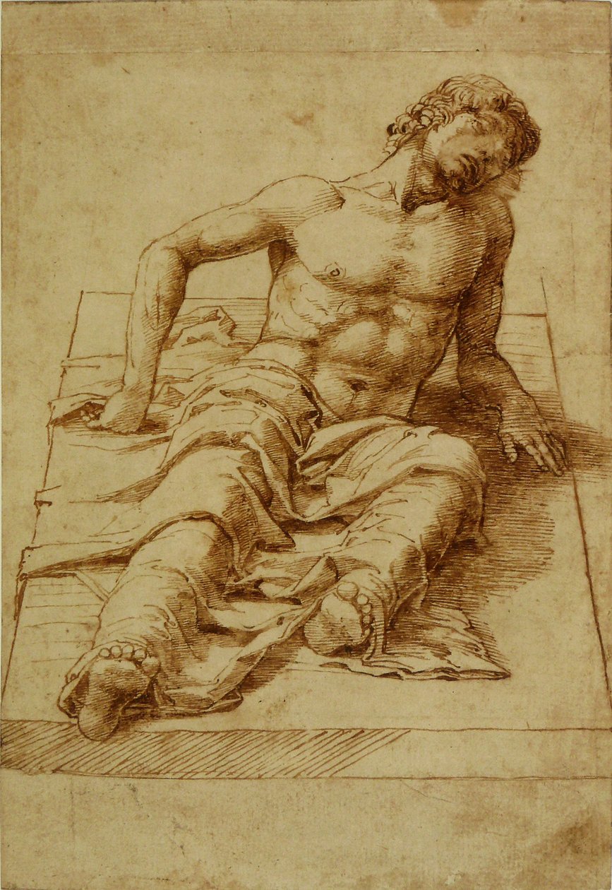 Mężczyzna leżący na kamiennej płycie autorstwa Andrea Mantegna