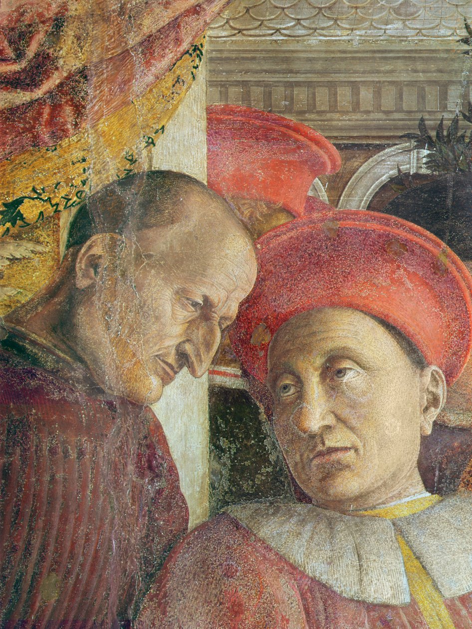 La Camera degli Sposi Sala Małżeńska. Ludwik II z Gonzagi i jego nadworny szczegół Ludwika II i jego sekretarza przed restauracją, fresk z ok. 1466-74 autorstwa Andrea Mantegna
