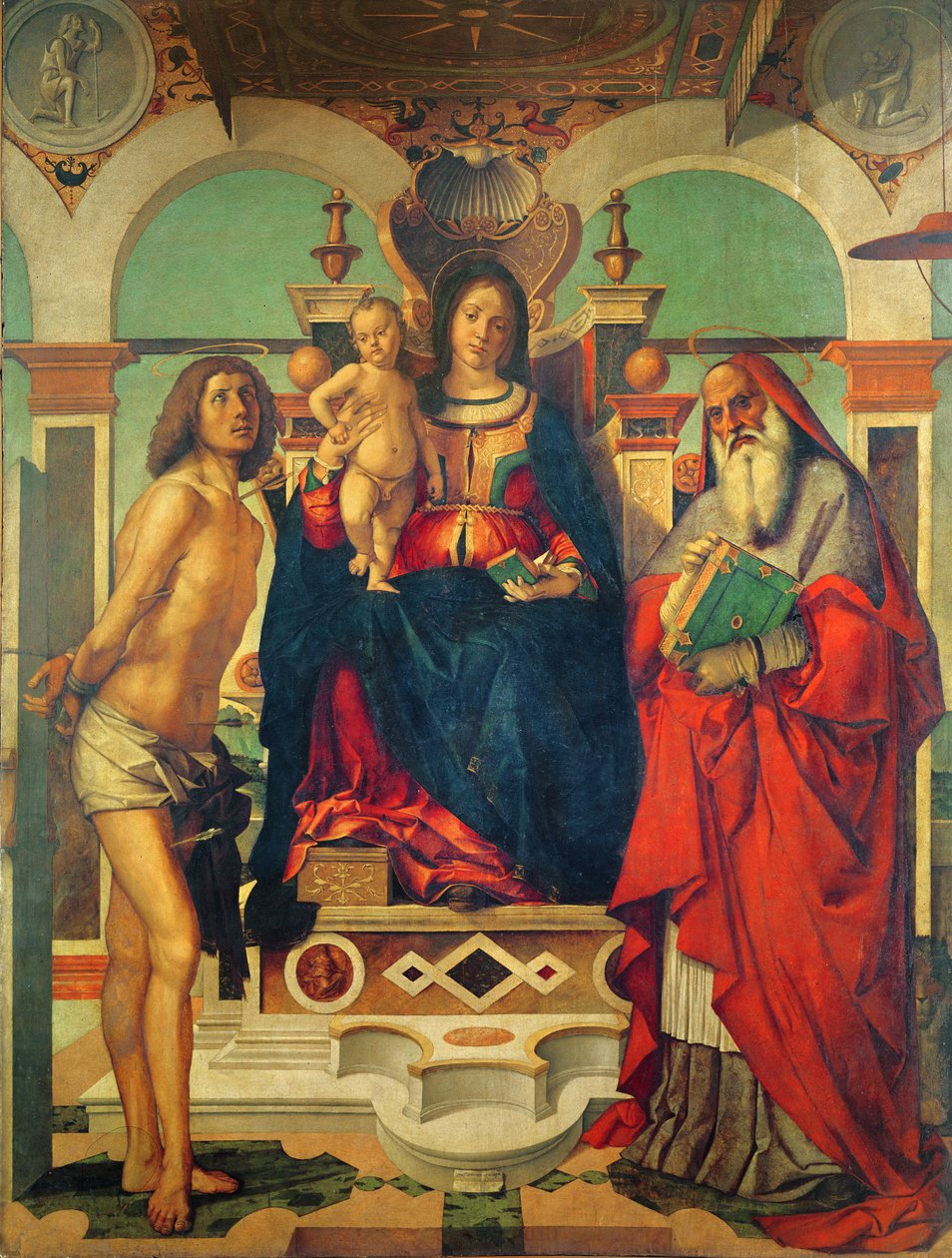 Madonna z Dzieciątkiem na tronie ze św. Hieronima i św. Sebastian autorstwa Andrea Mantegna
