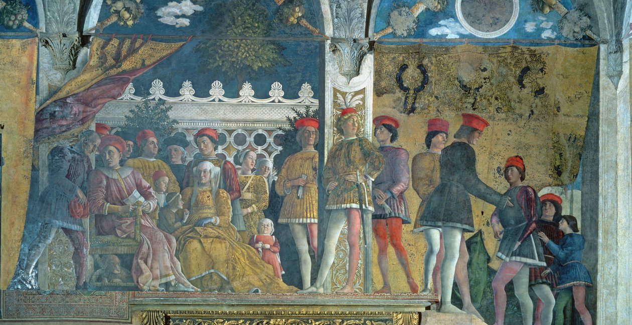 Marchese Ludovico Gonzaga III, jego żona Barbara z Brandenburgii, ich dzieci, dworzanie i ich pies Rubino, z Camera degli Sposi lub Camera Picta, 1465-74 autorstwa Andrea Mantegna