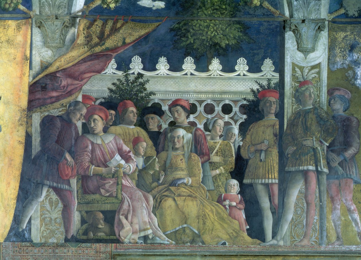 Marchese Ludovico Gonzaga III of Mantua (panował w latach 1444-78), jego żona Barbara z Brandenburgii, dzieci, dworzanie i ich pies Rubino, z Camera degli Sposi lub Camera Picta, 1465-74 (det. autorstwa Andrea Mantegna