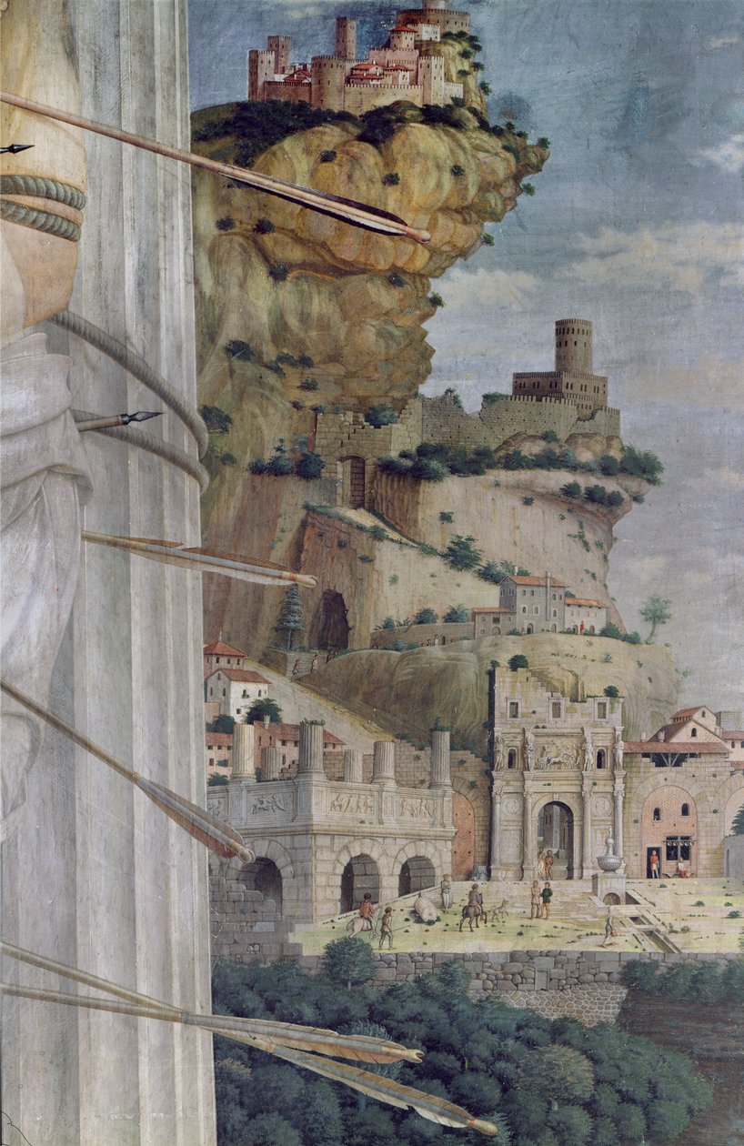Święty Sebastian, detal krajobrazu, 1481 autorstwa Andrea Mantegna