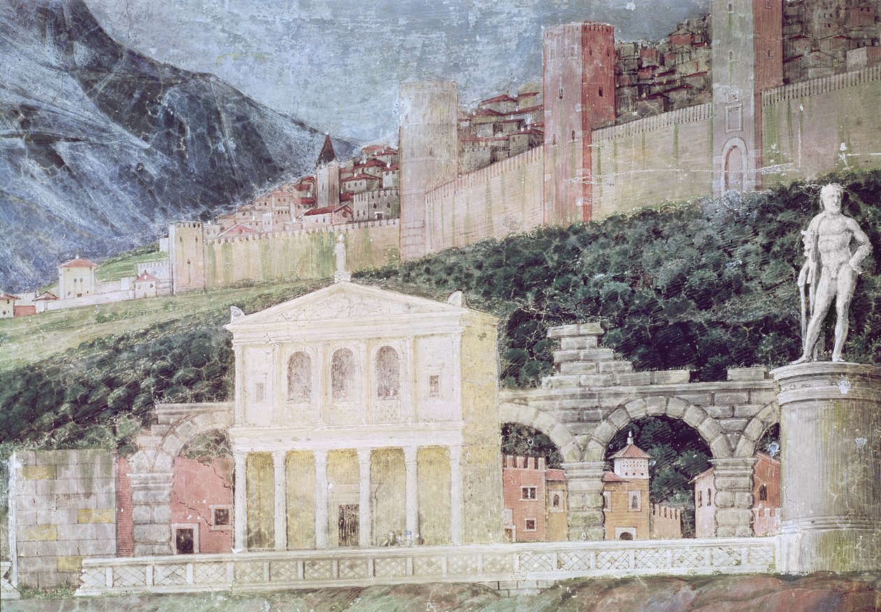 Przybycie kardynała Francesco Gonzagi, detal tła przedstawiający wyidealizowany widok Rzymu, ok. 1465-74 (detale 78457, 78449) autorstwa Andrea Mantegna