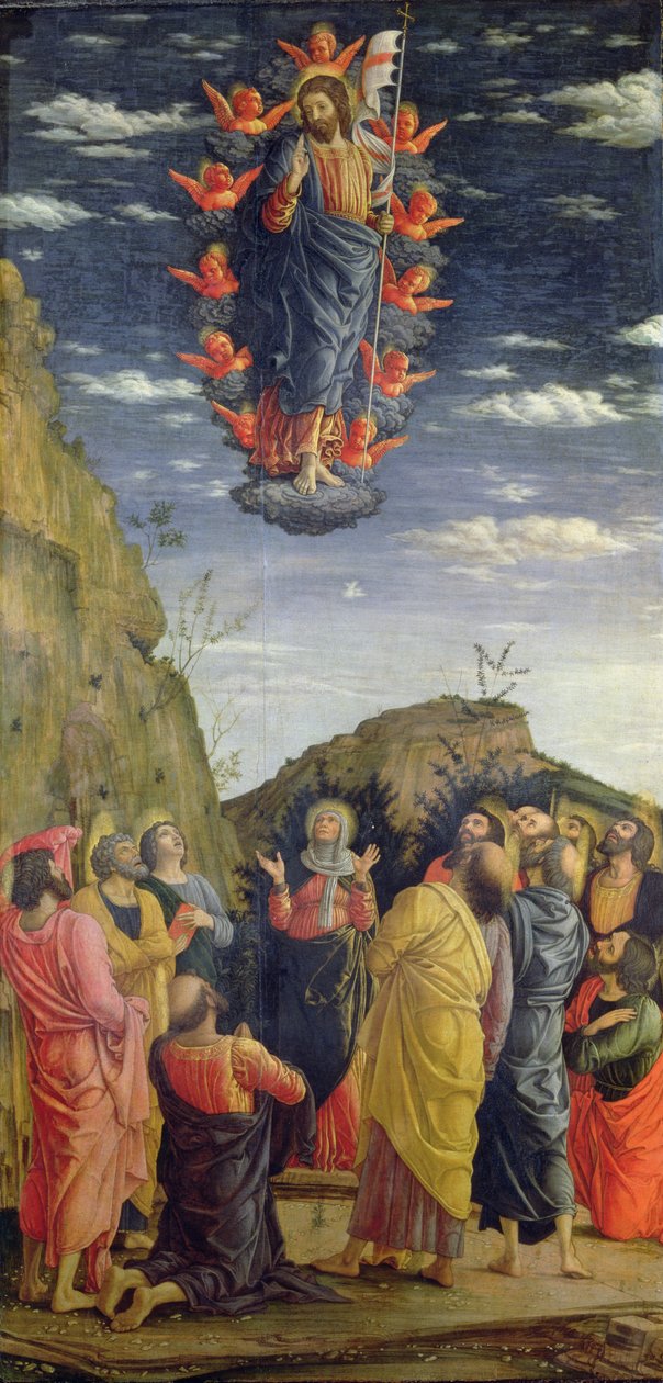 Wniebowstąpienie, lewa tablica z ołtarza, ok. 1466 (tempera na tablicy) (zob. także 50042) autorstwa Andrea Mantegna