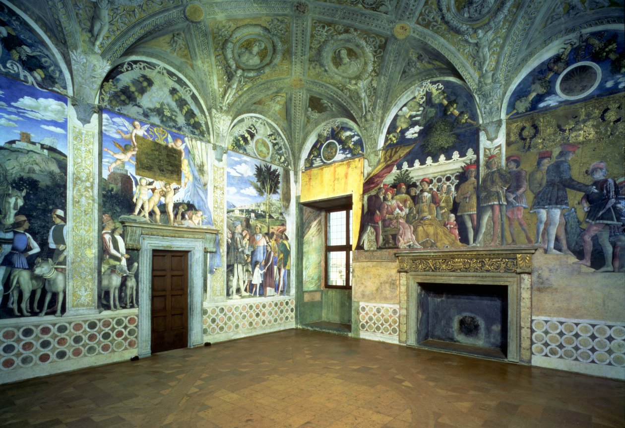 Camera degli Sposi lub Camera Picta ze scenami z dworu Mantui, ukazującymi margrabię Ludovica Gonzagę III i jego żonę Barbarę z Brandenburgii, ich dzieci, dworzan i zwierzęta, 1465- autorstwa Andrea Mantegna