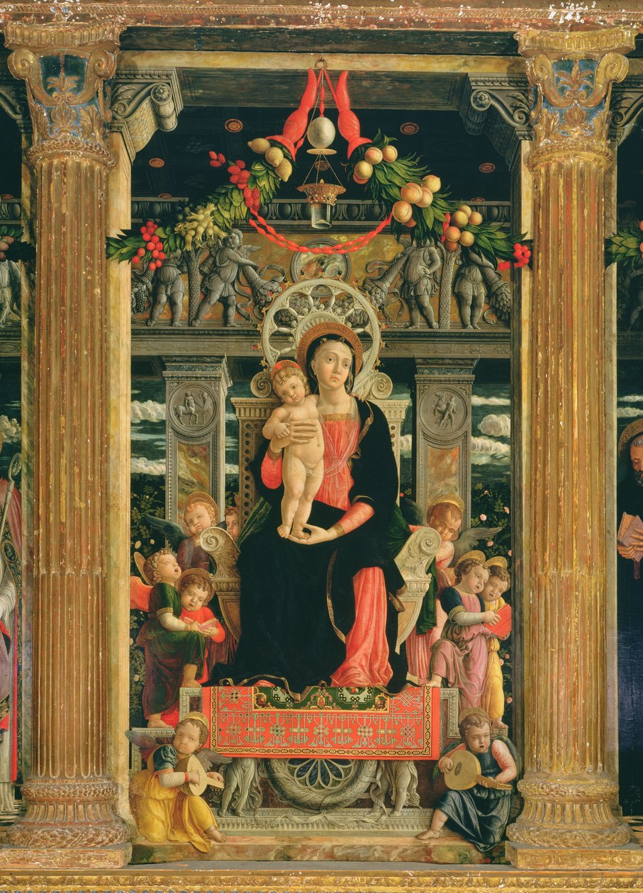 Madonna z Dzieciątkiem z Aniołami, centralny panel z Ołtarza św. Zenona z Werony, 1456-60 (detal z 214237) autorstwa Andrea Mantegna