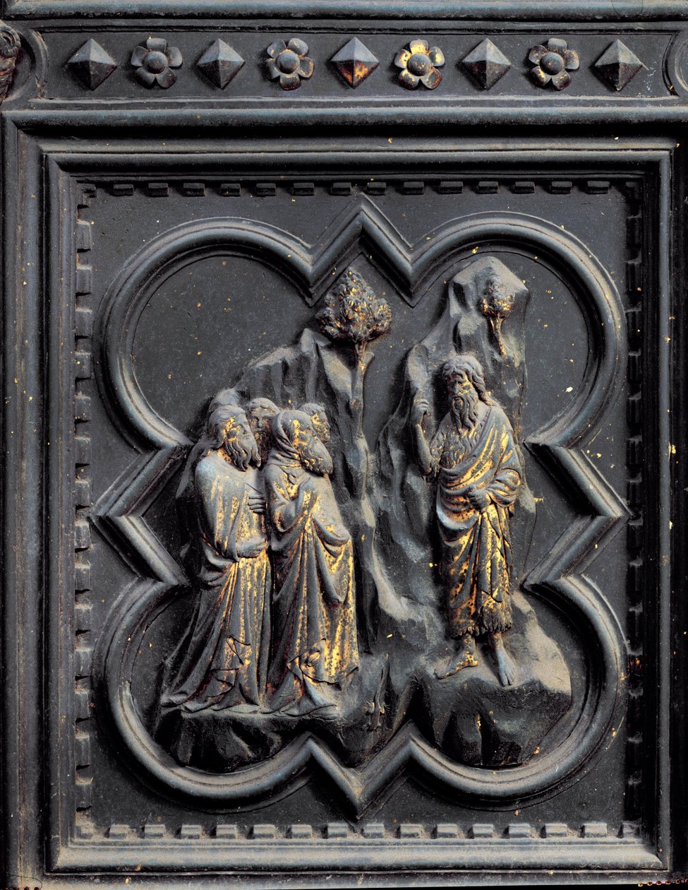 Św. Jan Chrzciciel przemawia do faryzeuszy, siódmy panel południowych drzwi baptysterium San Giovanni, 1336 (brąz) autorstwa Andrea Pisano