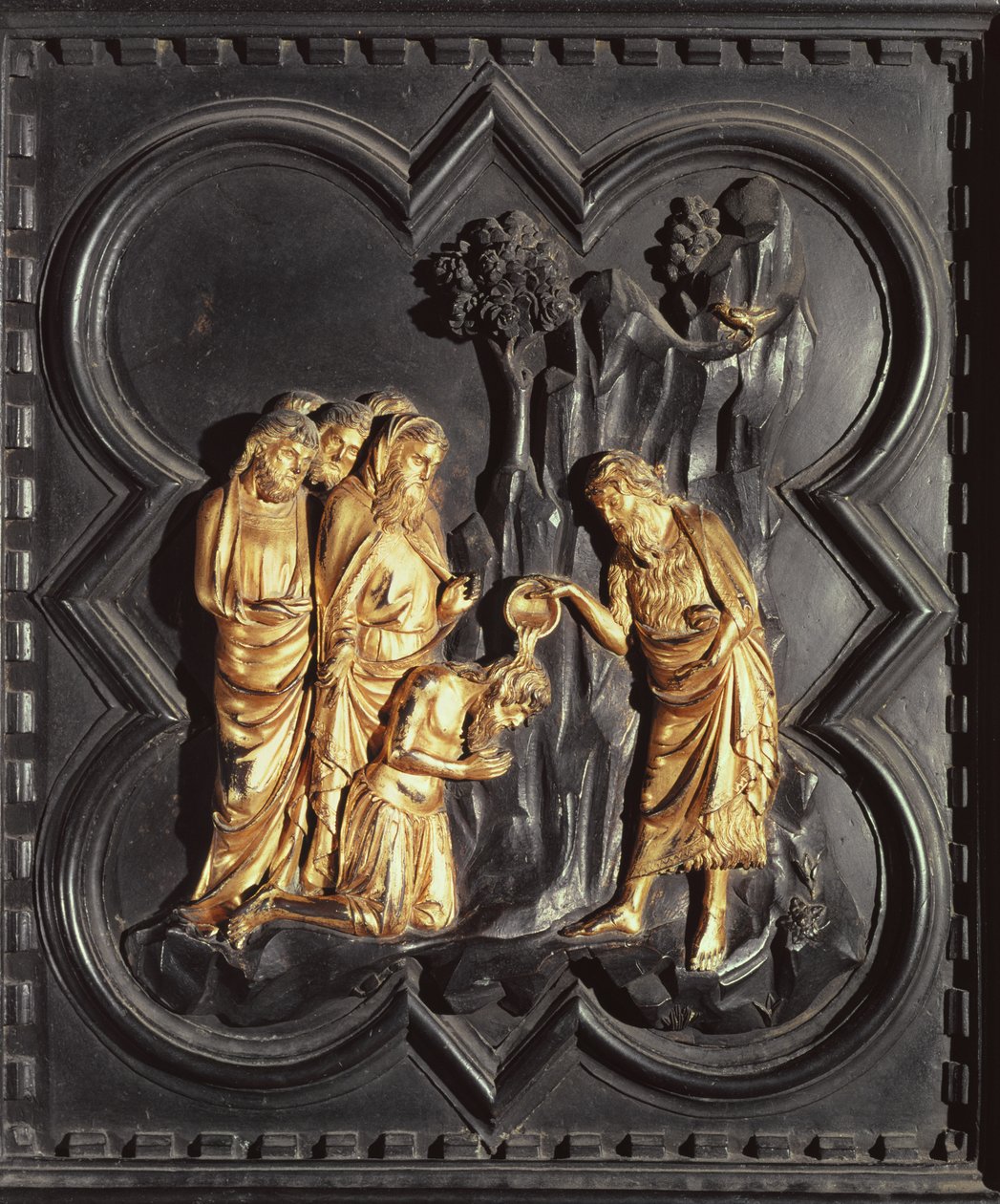 Św. Jan Chrzciciel chrzczący w rzece Jordan, od południowych drzwi baptysterium San Giovanni, 1336 (brąz) autorstwa Andrea Pisano