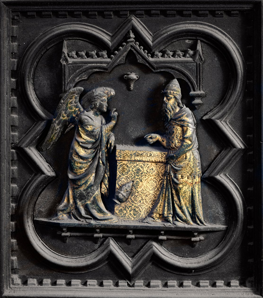 Anioł ogłasza Zachariaszowi, pierwszy panel południowych drzwi baptysterium San Giovanni, 1336 (brąz) autorstwa Andrea Pisano