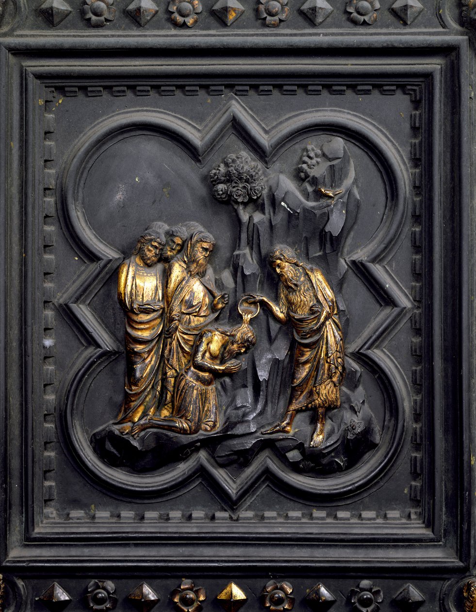 Chrzest uczniów, dziewiąty panel południowych drzwi baptysterium San Giovanni, 1336 (brąz) autorstwa Andrea Pisano