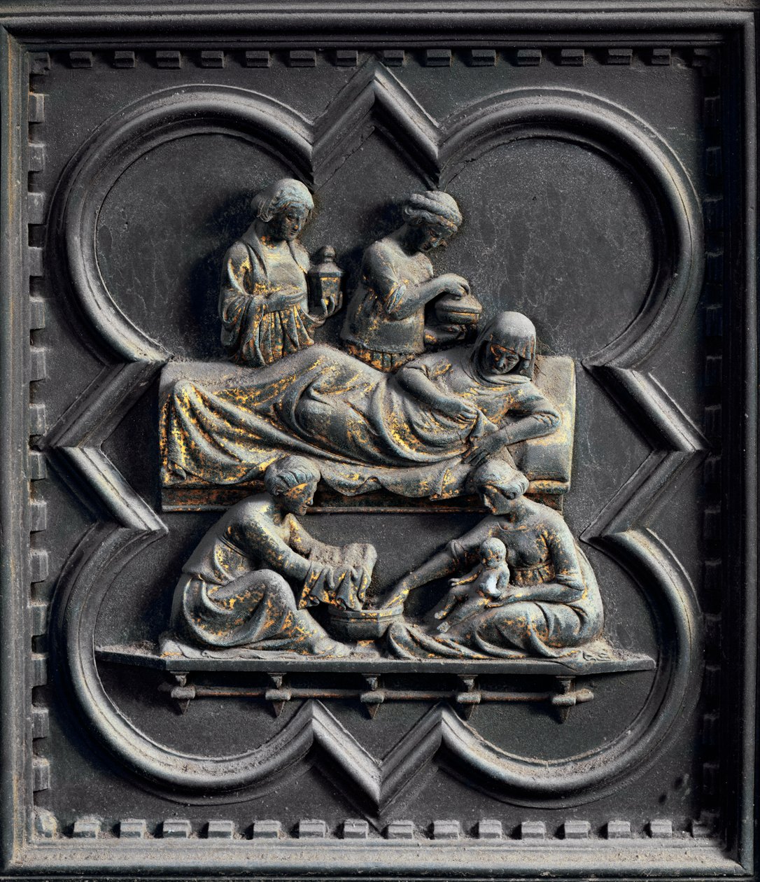 Narodziny św. Jana Chrzciciela, czwarty panel południowych drzwi baptysterium San Giovanni, 1336 (brąz) autorstwa Andrea Pisano