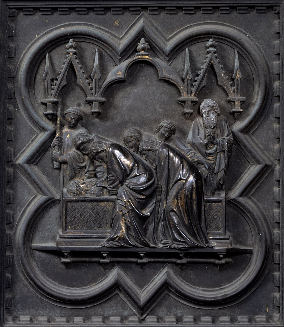 Pogrzeb św Jana Chrzciciela, dwudziesty panel Drzwi Południowych Baptysterium San Giovanni, 1336 (brąz) autorstwa Andrea Pisano