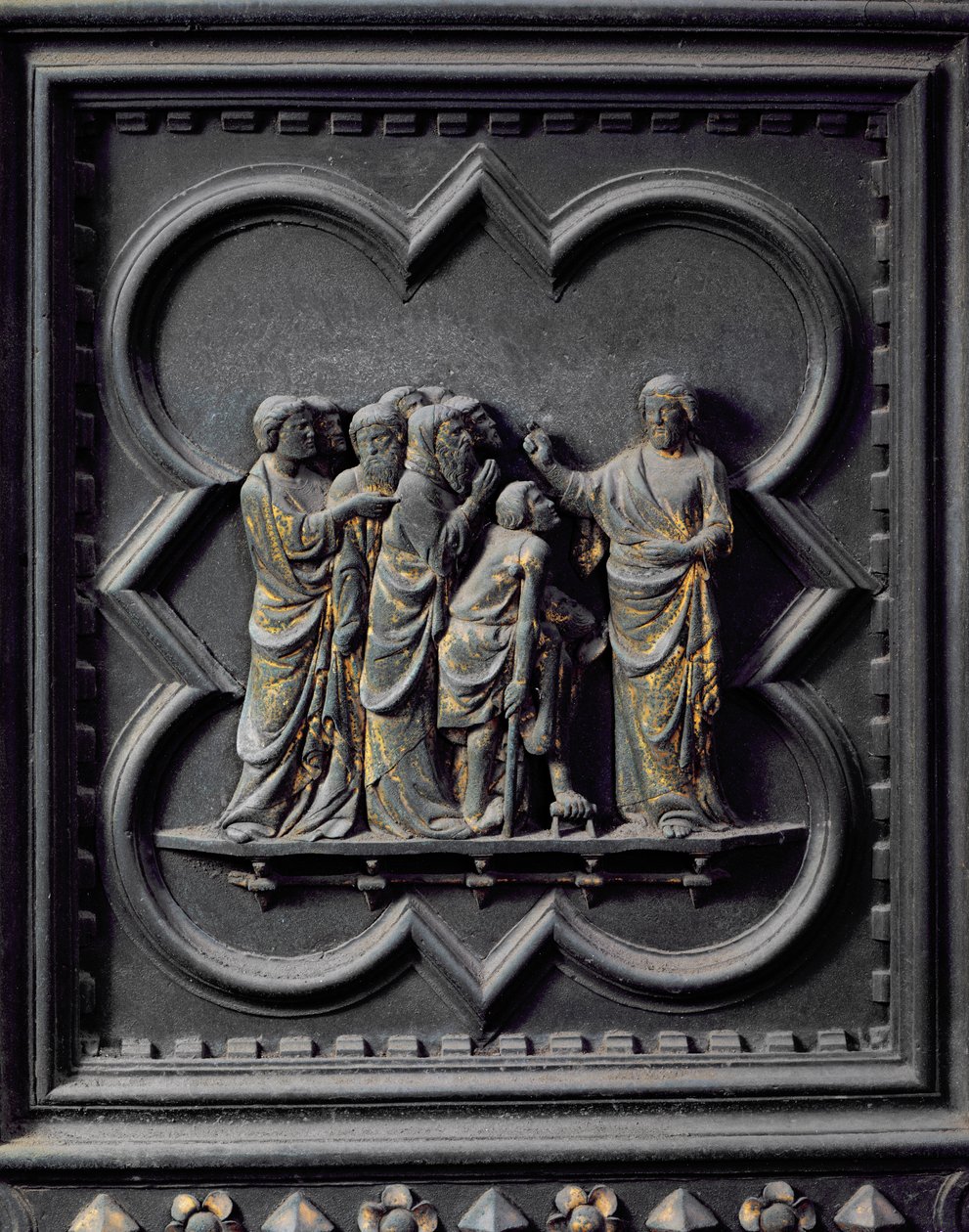 Uczniowie odwiedzają Jezusa, czternasty panel południowych drzwi baptysterium San Giovanni, 1336 (brąz) autorstwa Andrea Pisano