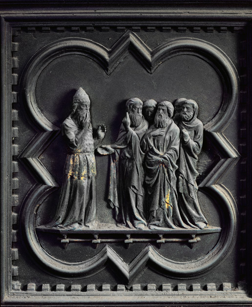 Zachariasz jest niemy, drugi panel południowych drzwi baptysterium San Giovanni, 1336 (brąz) autorstwa Andrea Pisano