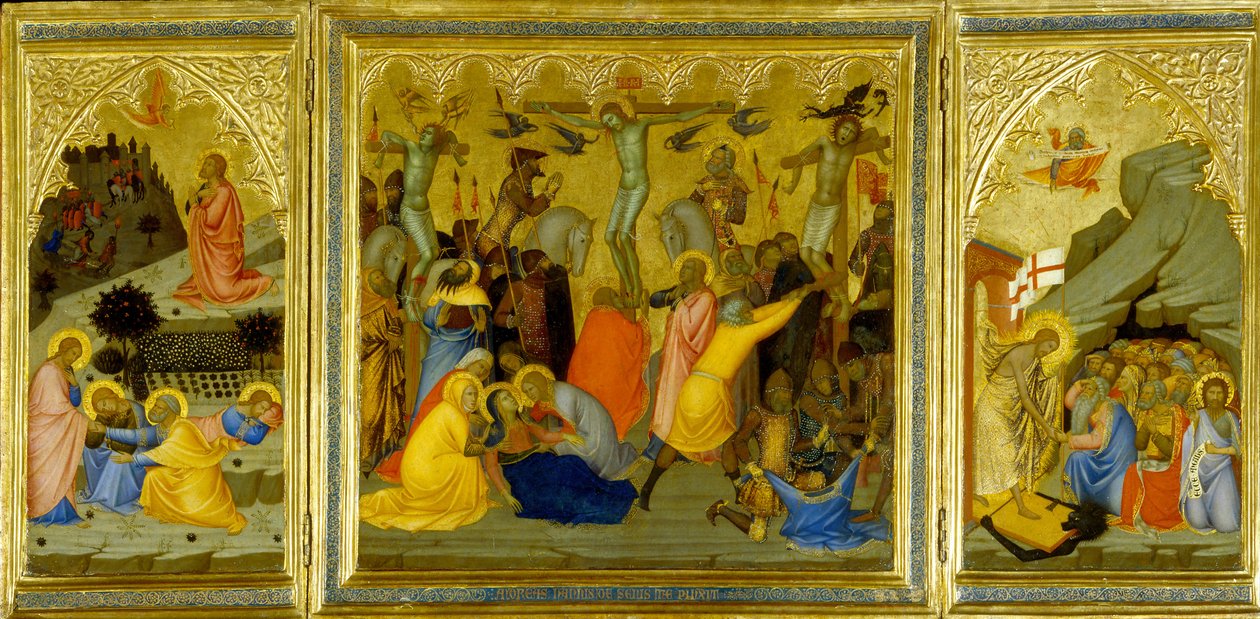 Tryptyk: Agonia w ogrodzie, Ukrzyżowanie i wskrzeszenie patriarchów i proroków z martwych (tempera jajeczna i złoty płatek na desce) autorstwa Andrea Vanni