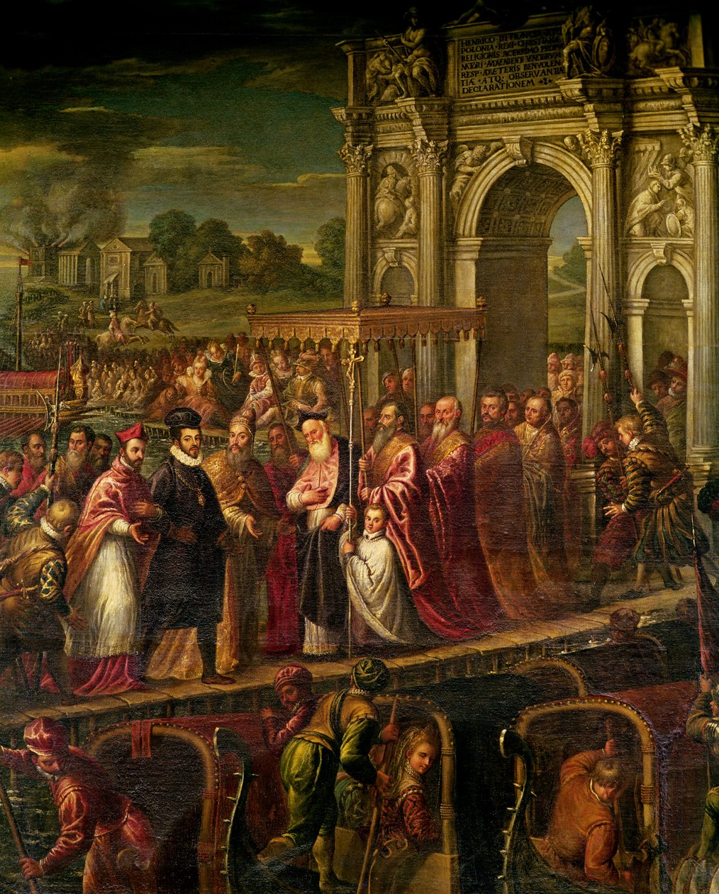 Król Francji Henryk III (1551-89) odwiedzający Wenecję w 1574 r., eskortowany przez dożę Alvise Mocenigo (1570-77) i spotkany przez patriarchę Giovanniego Trevisana, z Pokoju Czterech Drzwi autorstwa Andrea Vicentino