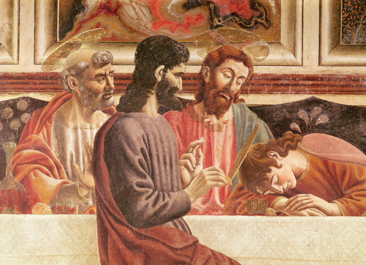 Ostatnia Wieczerza, fragment św. Jana i Piotra, Chrystusa i Judasza, 1447 (fragment 85172) autorstwa Andrea del Castagno