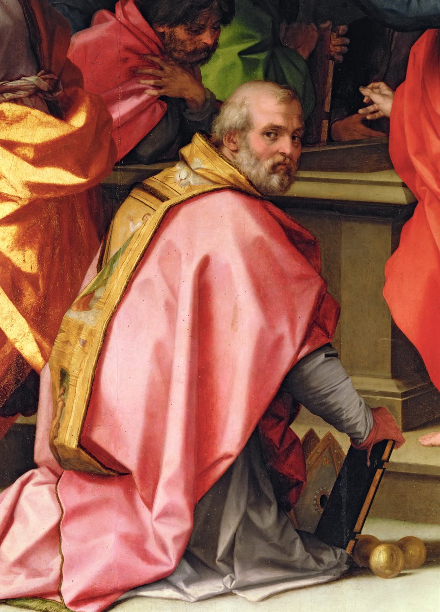 Wniebowzięcie Marii, detal przedstawiający św. Mikołaja z Miry z 3 złotymi kulami (ołtarz) autorstwa Andrea del Sarto