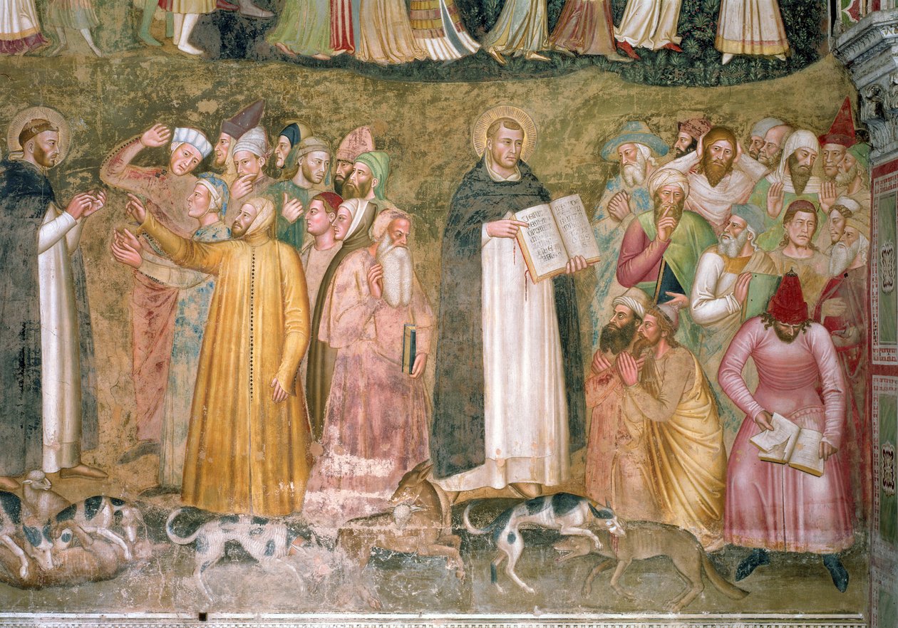Kościół wojujący i triumfujący, fragment SS. Tomasz i Piotr skonfrontujący heretyków z Kaplicy Hiszpańskiej; c.1369 detal fresku z 31612 autorstwa Andrea di Bonaiuto