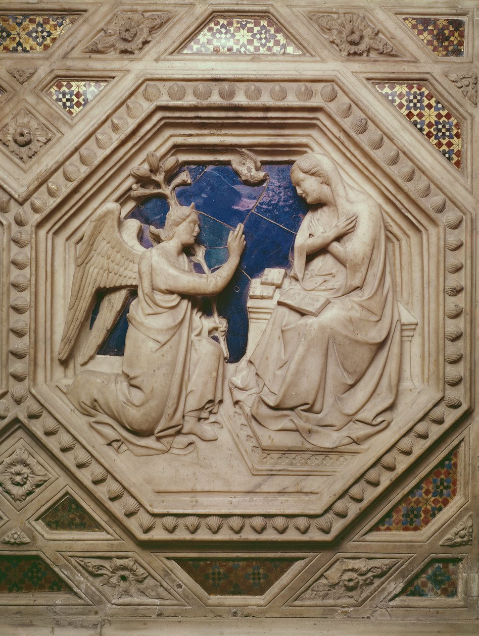 Zwiastowanie, fragment podstawy Przybytku, 1349-59 (marmur) autorstwa Andrea di Cione Orcagna