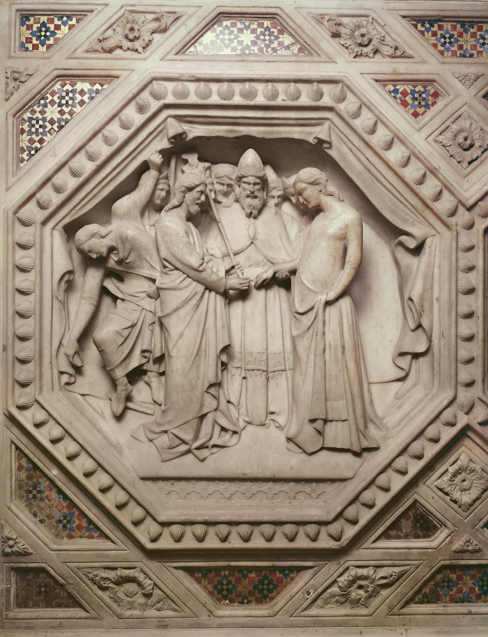 Zaślubiny Dziewicy, detal z podstawy Tabernakulum, 1349-59 (marmur) autorstwa Andrea di Cione Orcagna