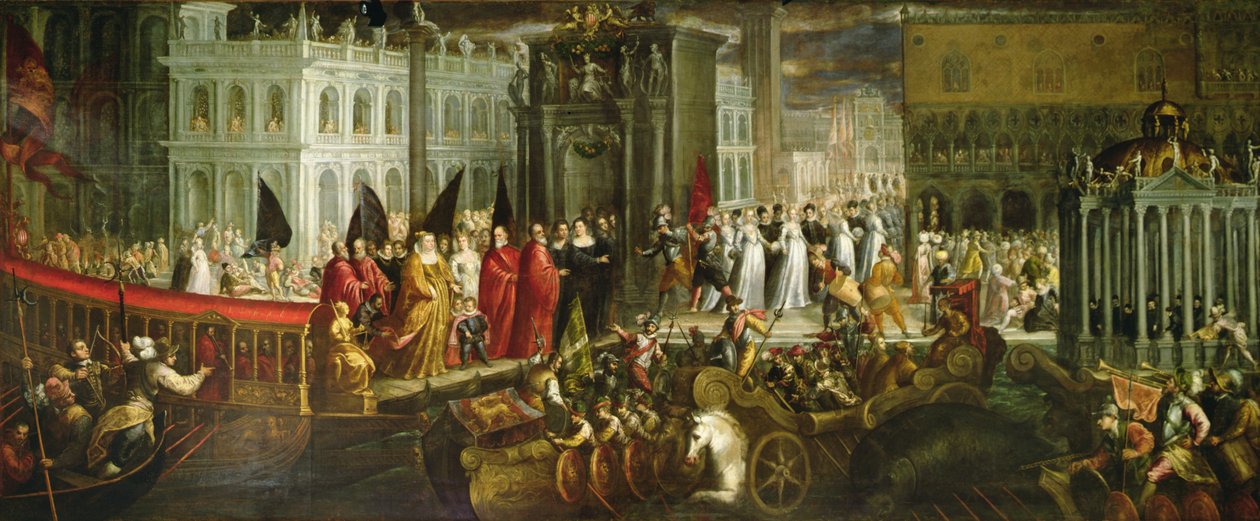 Przybycie Dogaressy Morosiny Morosini Grimani do Pałacu Książęcego, Wenecja, ok. 1600 (olej na płótnie) autorstwa Andrea Vicentino