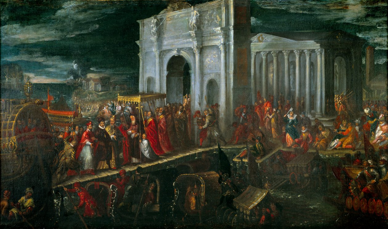 Przyjęcie księcia Andegaweńskiego w San Nicolo di Lido w Wenecji przez dożę Mocenigo, w drodze powrotnej z Polski do Francji, 28 lipca autorstwa Andrea Vicentino