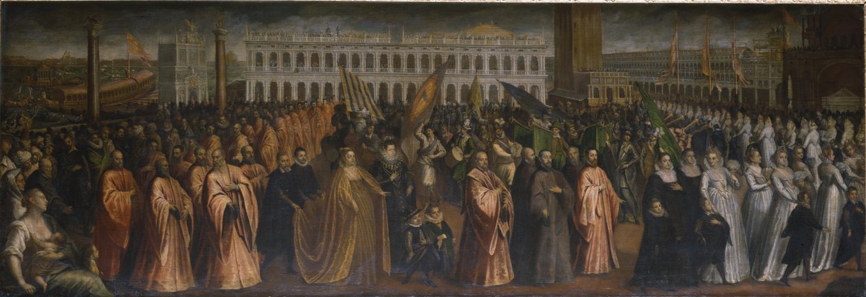 Dogaressa Marina Morosini-Grimani opuszcza Palazzo Grimani na koronację w Palazzo Ducale w Wenecji autorstwa Andrea Vicentino
