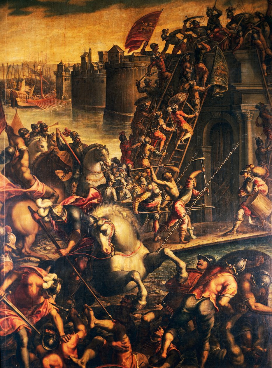 Doge of Venice Enrico Dandolo i jego krzyżowcy szturmujący miasto Zadar w 1202, olej na płótnie Andrea Michieli (około 1542-około 1617), Czwarta Krucjata, Chorwacja autorstwa Andrea (c.1542 c.1617) Michieli