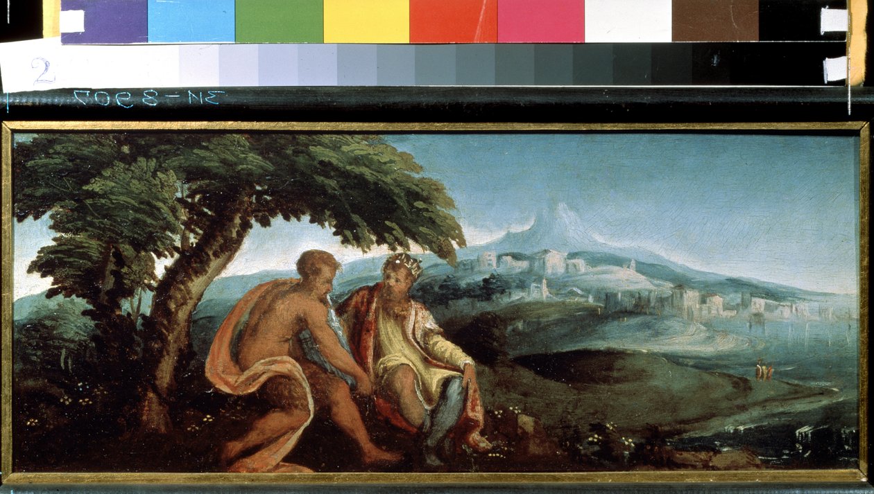 Król Midas i Pan (Król Midas i Pan). Obraz Andrei Schiavone (ok. 1520-1582). olej na płótnie autorstwa Andrea Schiavone