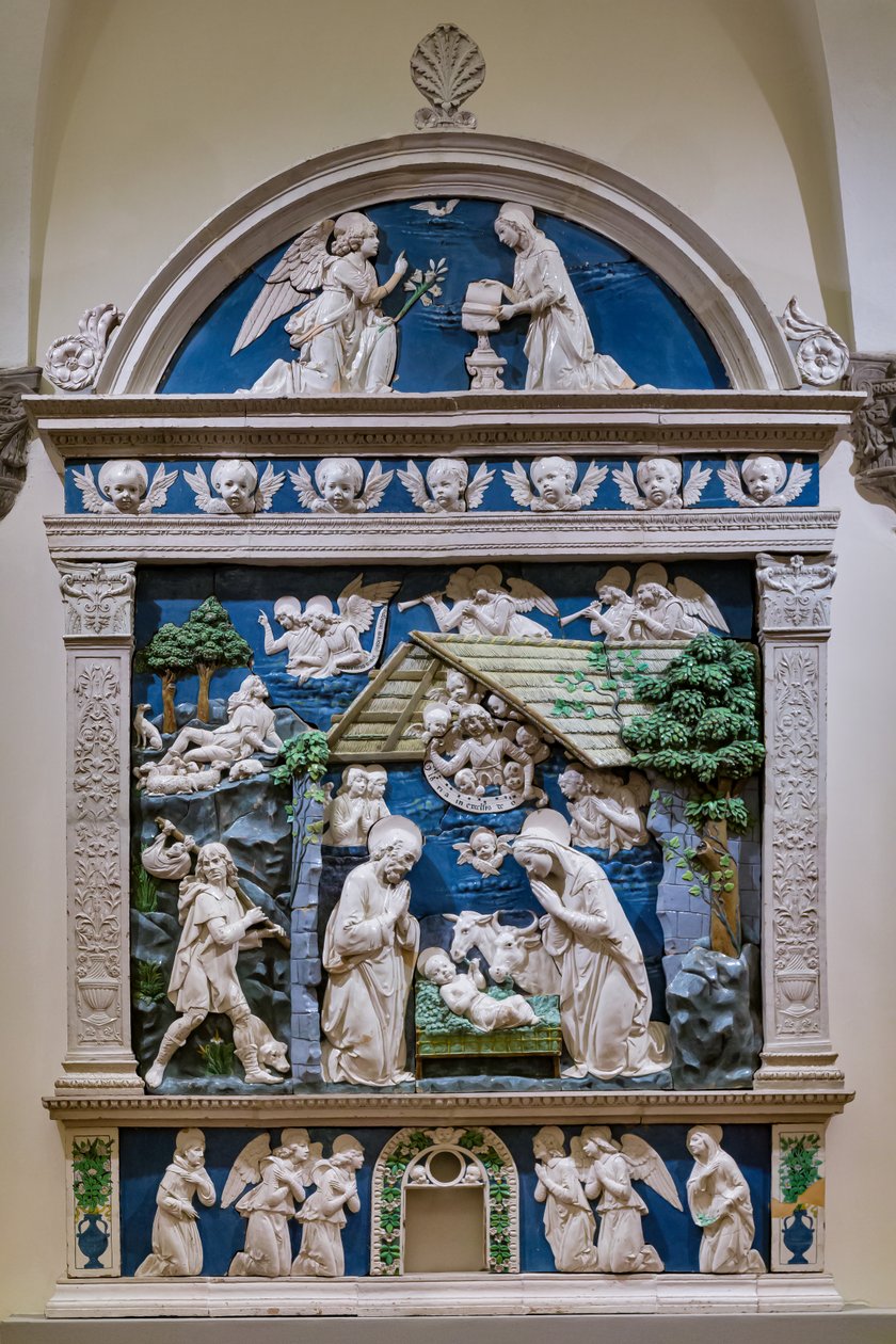 Narodzenie Pańskie, Adoracja pasterzy i Zwiastowanie autorstwa Andrea (workshop of) Della Robbia