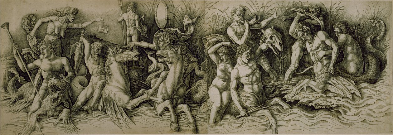Bitwa bogów morskich (pióro i brązowy tusz na papierze) autorstwa Andrea (workshop of) Mantegna
