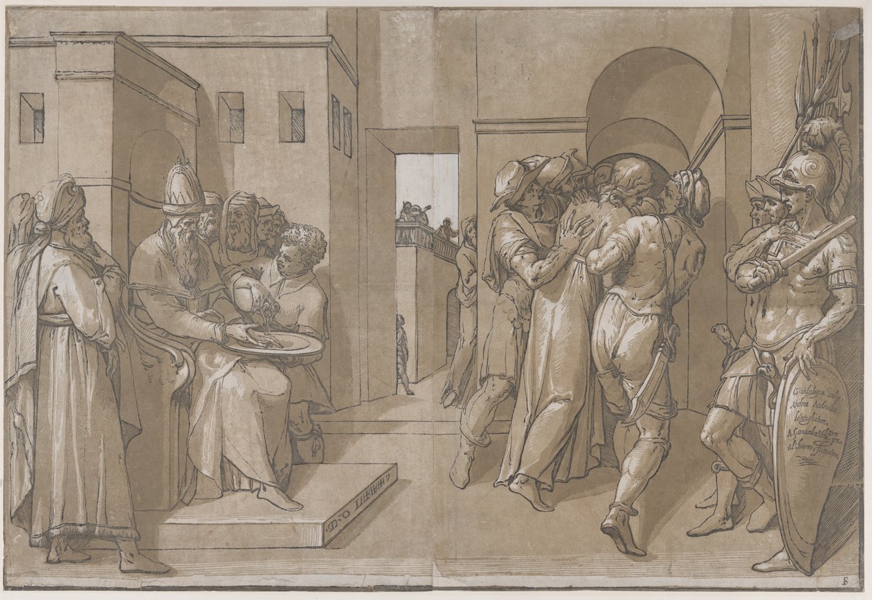 Chrystus wyprowadzany, żołnierze stoją po prawej stronie prześcieradła, 1585. autorstwa Andrea Andreani