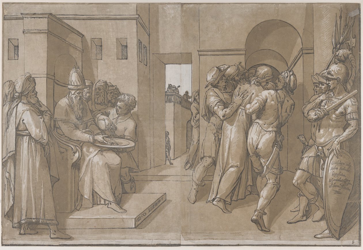Piłat po lewej myjący ręce lewą stronę prześcieradła, 1585. autorstwa Andrea Andreani
