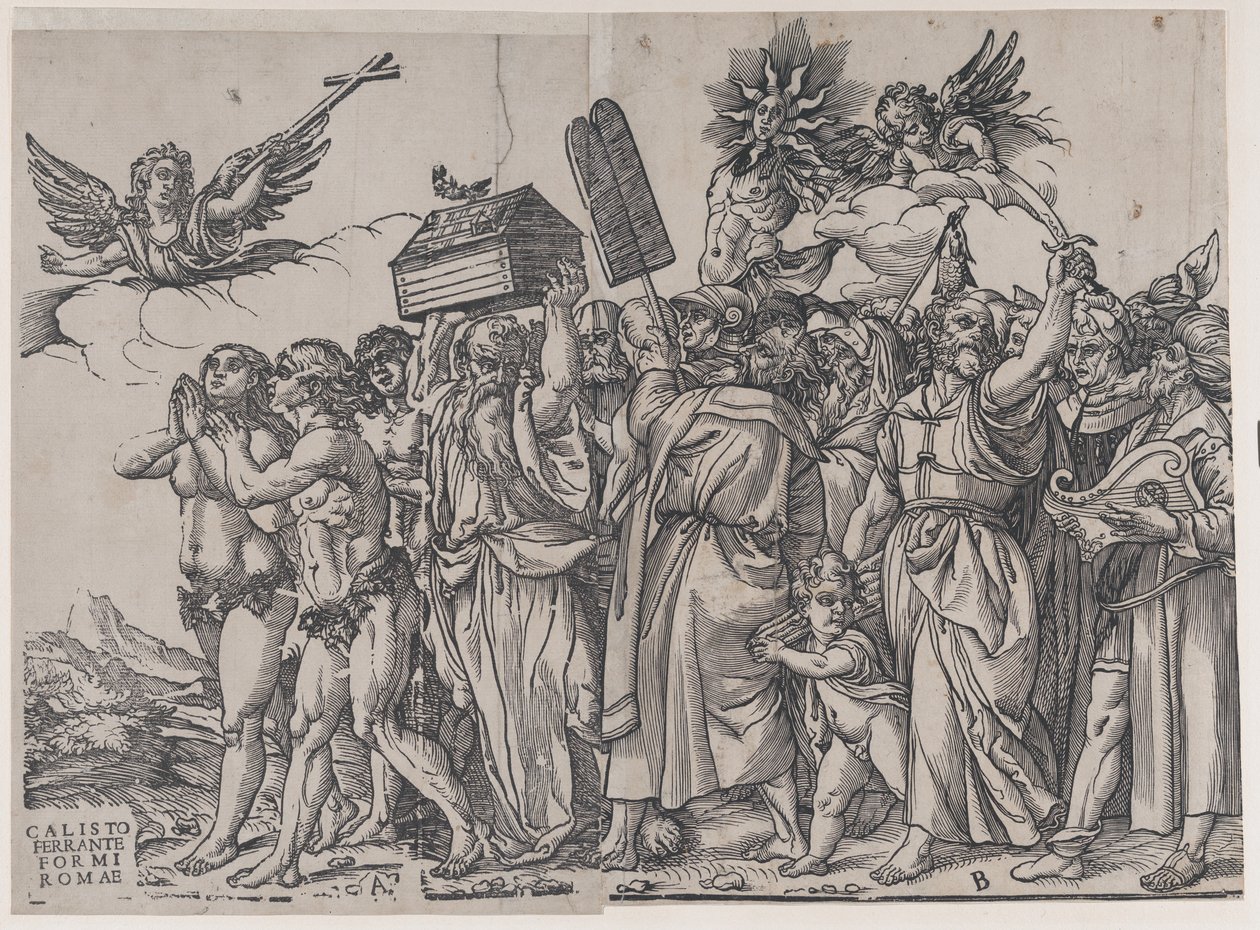 Sekcja A: anioł trzymający krzyż w lewym górnym rogu, poniżej Adam i Ewa, z Triumfu..., 1836. autorstwa Andrea Andreani