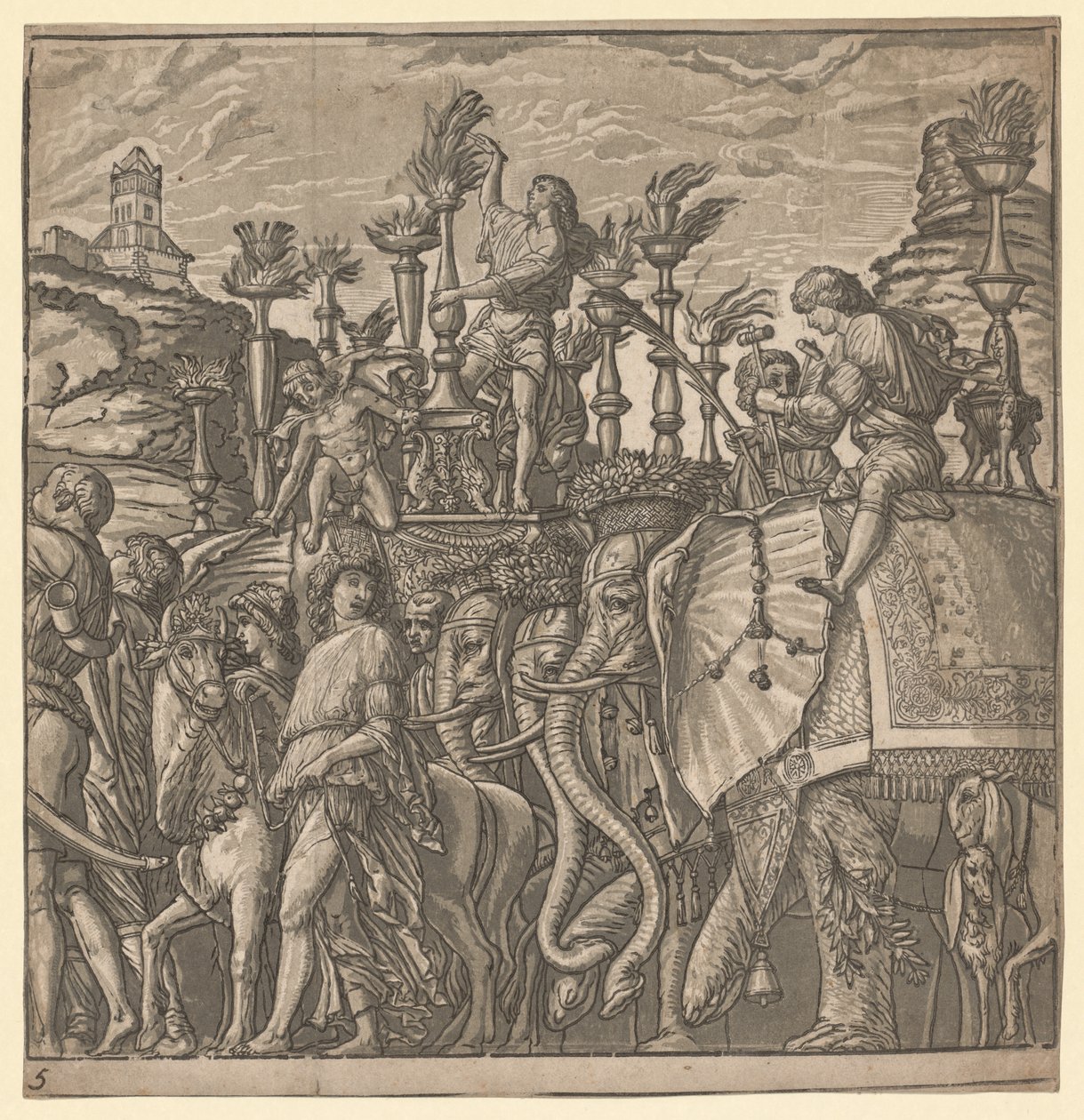 Triumf Juliusza Cezara: Słonie niosące pochodnie, 1593-99. autorstwa Andrea Andreani