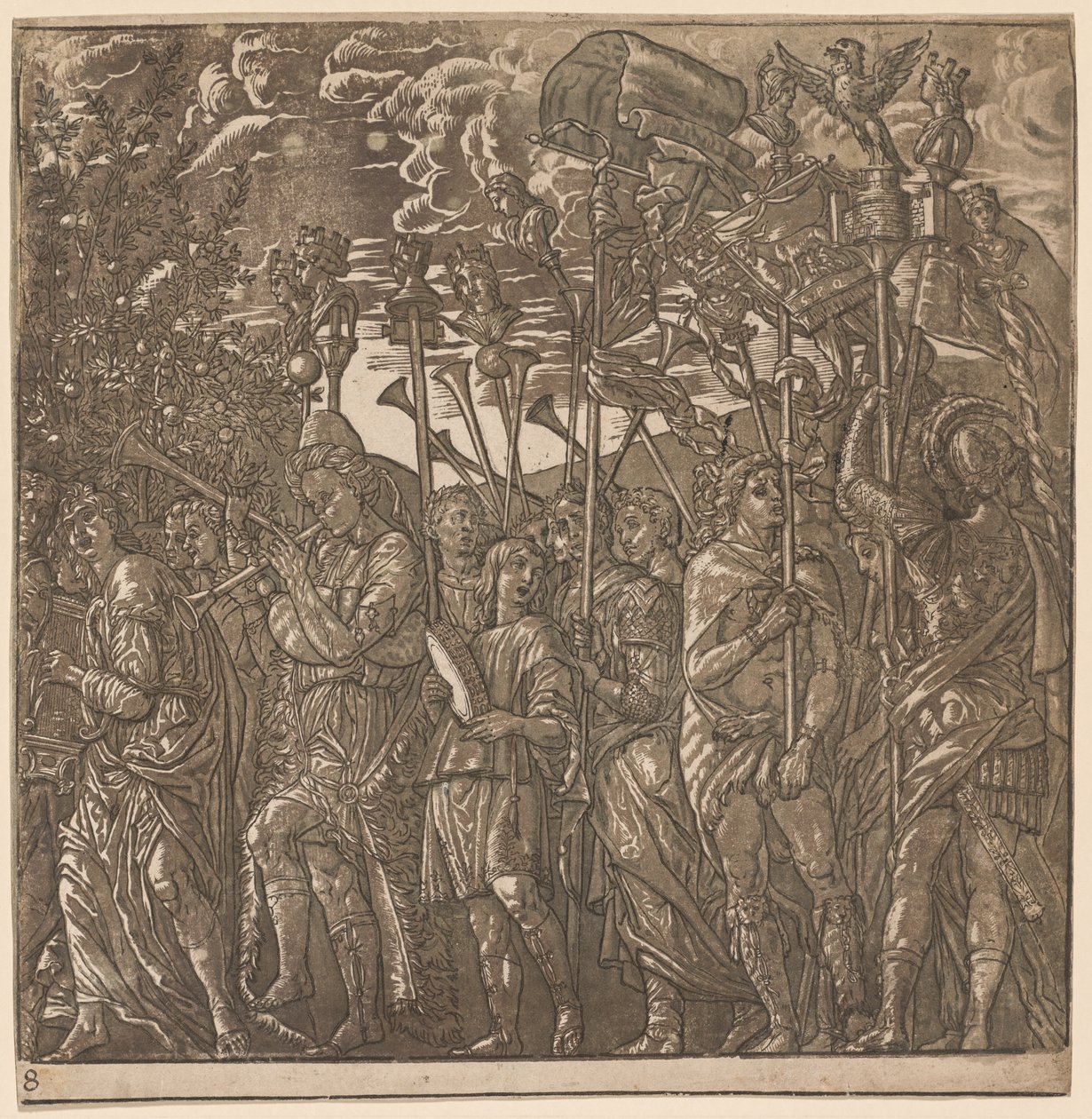 Triumf Juliusza Cezara: żołnierze niosący sztandary i sztandary, 1593-99. autorstwa Andrea Andreani