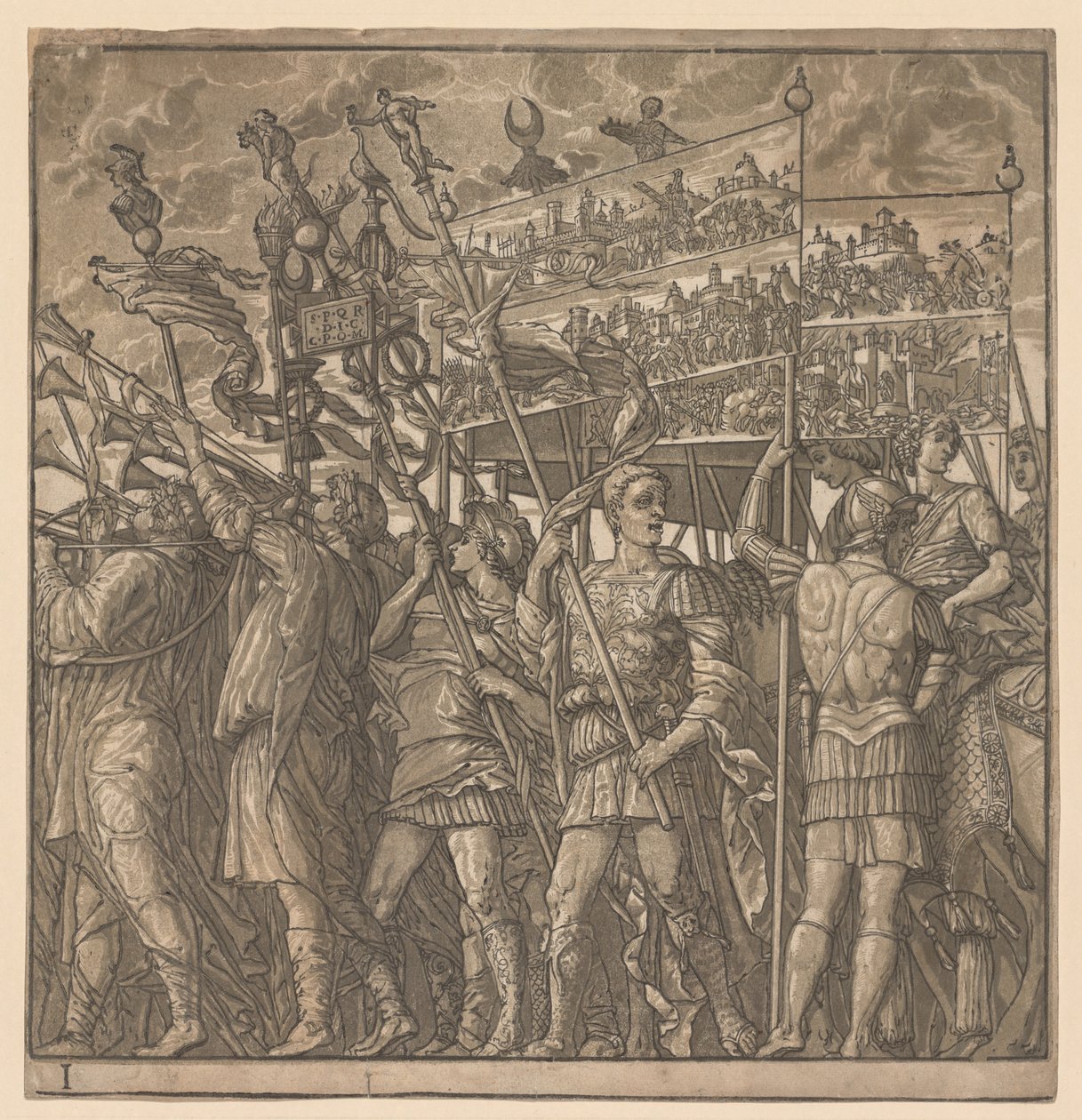 Triumf Juliusza Cezara: żołnierze niosący obrazy wojny, 1593-99. autorstwa Andrea Andreani