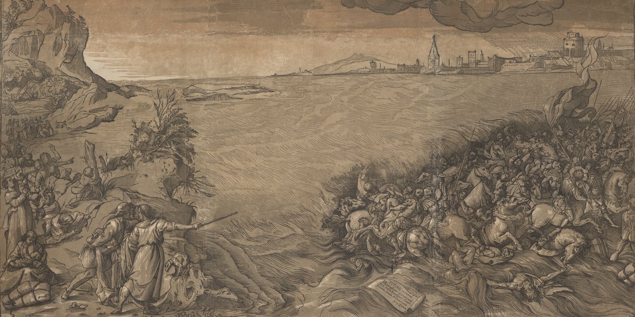 Przejście przez Morze Czerwone, Mojżesz stoi po lewej stronie wskazując na zanurzenie wojsk..., 1589. autorstwa Andrea Andreani
