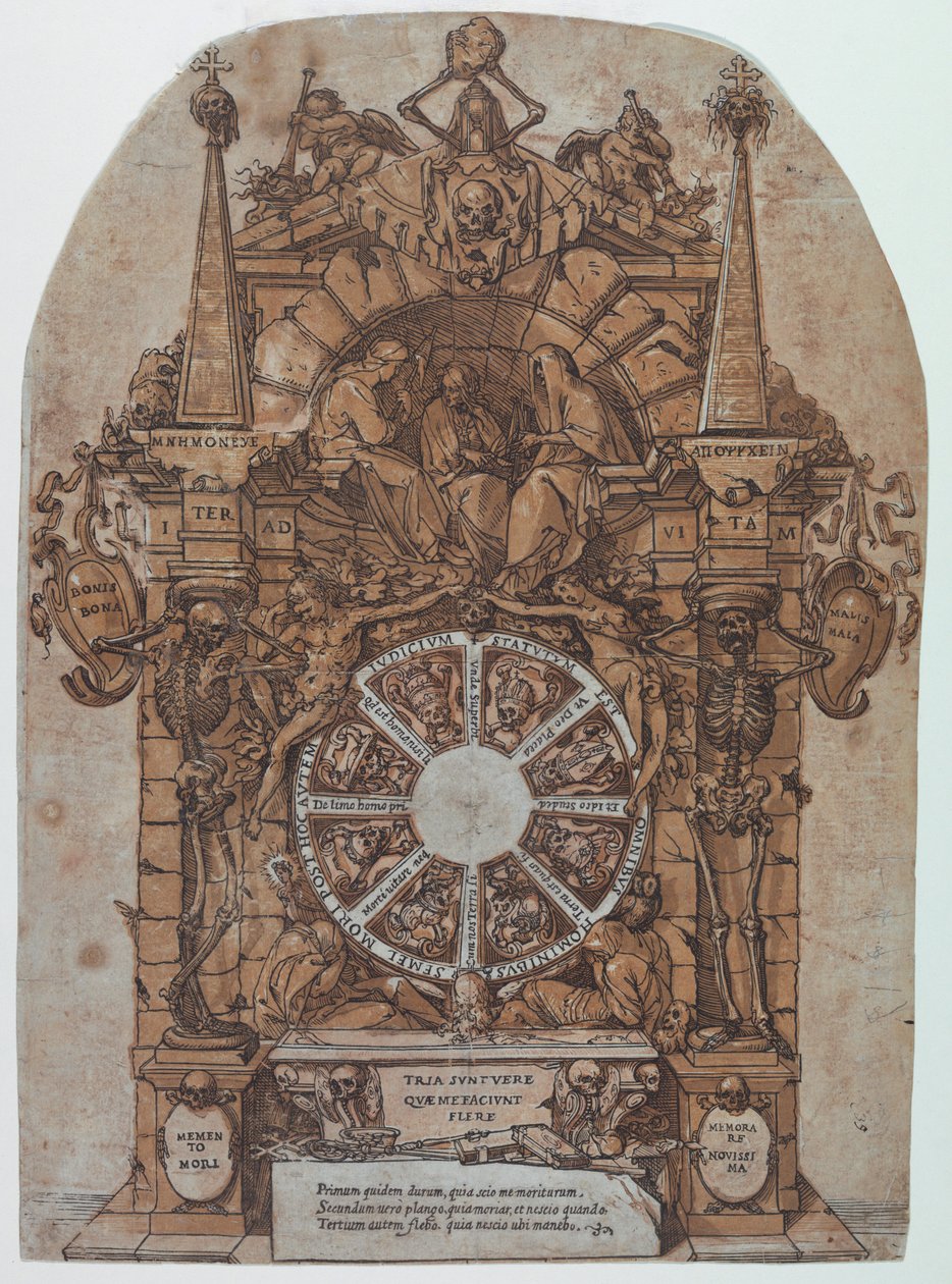 Triumf śmierci z trzema losami w architektonicznej ramie nad kołem fortuny otoczonym szkieletami; czaszka i klepsydra u góry oraz koło przeznaczone do obracania się w środku autorstwa Andrea Andreani