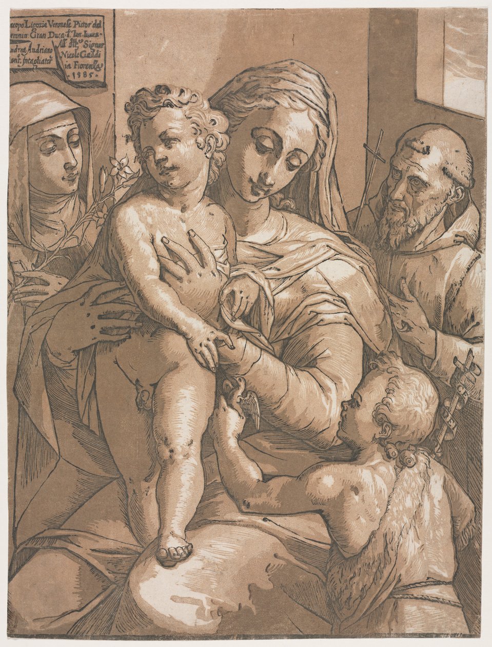 Dziewica z Dzieciątkiem ze św. Janem, św. Katarzyną ze Sieny i św. Franciszkiem, 1585. autorstwa Andrea Andreani