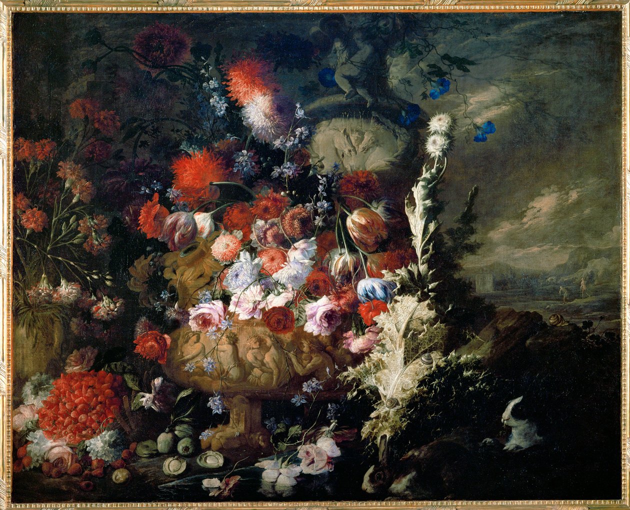 Wazon z kwiatami i owocami w krajobrazie - Vase de fleurs et fruits dans un paysage ... autorstwa Andrea Belvedere