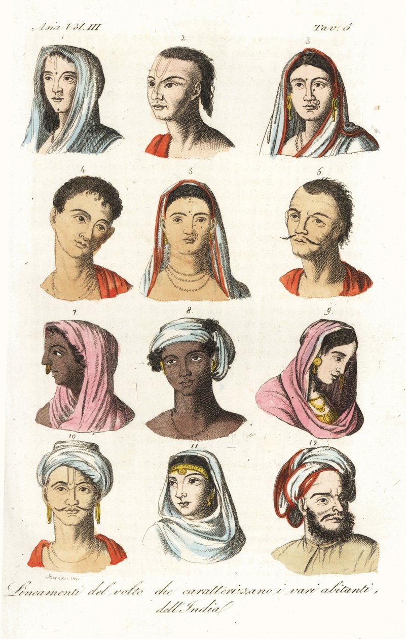 Portrety różnych indyjskich kast: Bramini 1,2, Kshatriyas lub Khatri, Pendżabska kasta kupiecka 3,4, Vaisyas 5,6, Sudras 7,8, Hindusi z Górnych Indii 9,10 i Mogołowie 11,12. Miedzioryt ręcznie barwiony autorstwa Andrei Bernieri według François Solvynsa autorstwa Andrea Bernieri
