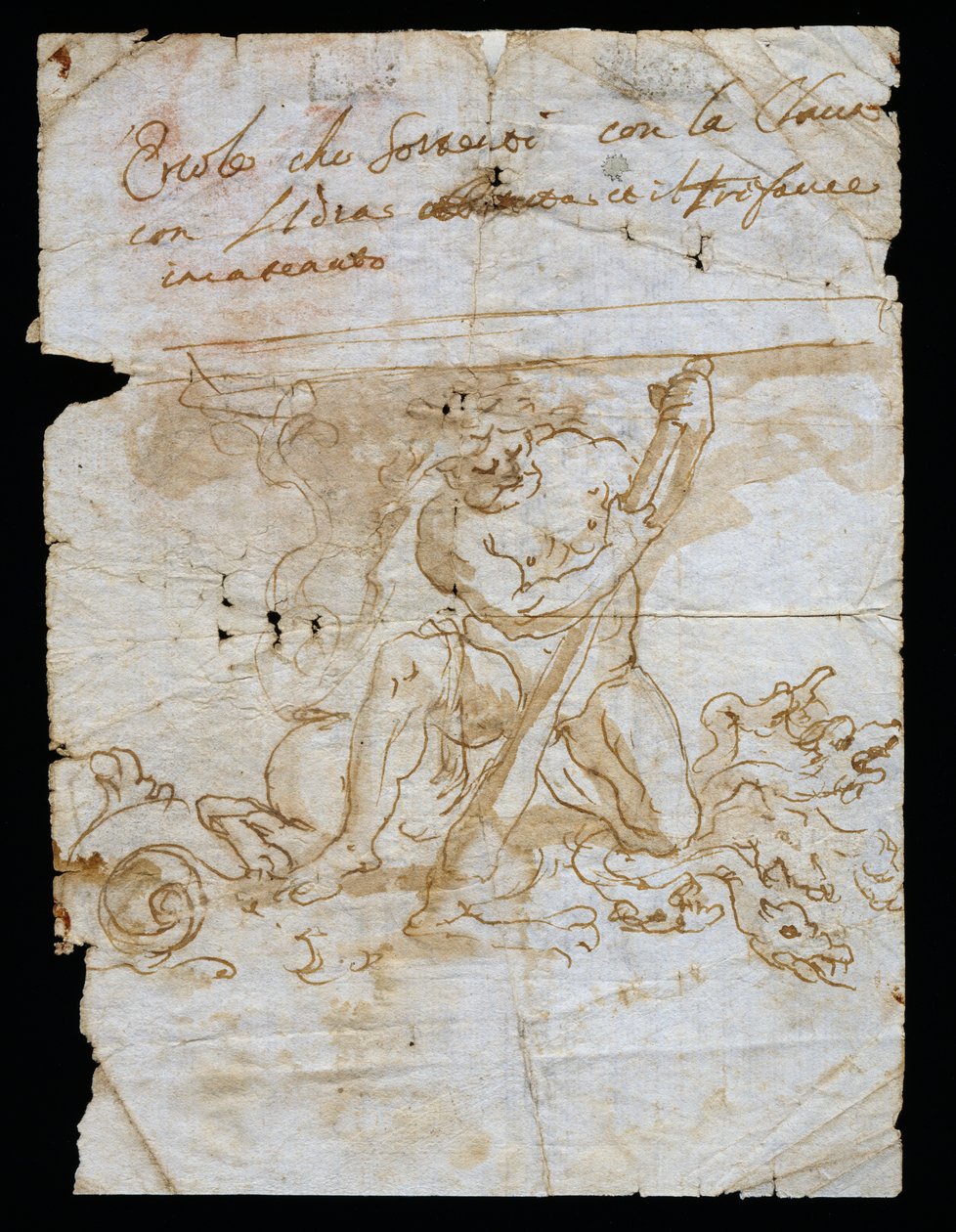 Szkic projektowy stojaka na wazon, podstawa przedstawiająca Herkulesa z Hydrą i Cerberem, Andrea Brustolon (1662-1732), pióro akwarelowe na białym papierze, Włochy autorstwa Andrea Brustolon