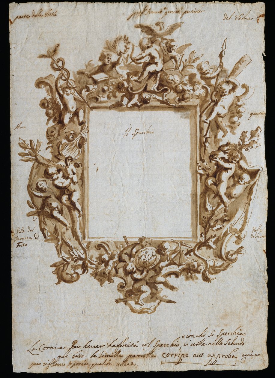 Ortogonalny rysunek do alegorycznej ramy, ok. 1700, Andrea Brustolon (1662-1732), pióro akwarelowe na białym papierze, Włochy autorstwa Andrea Brustolon