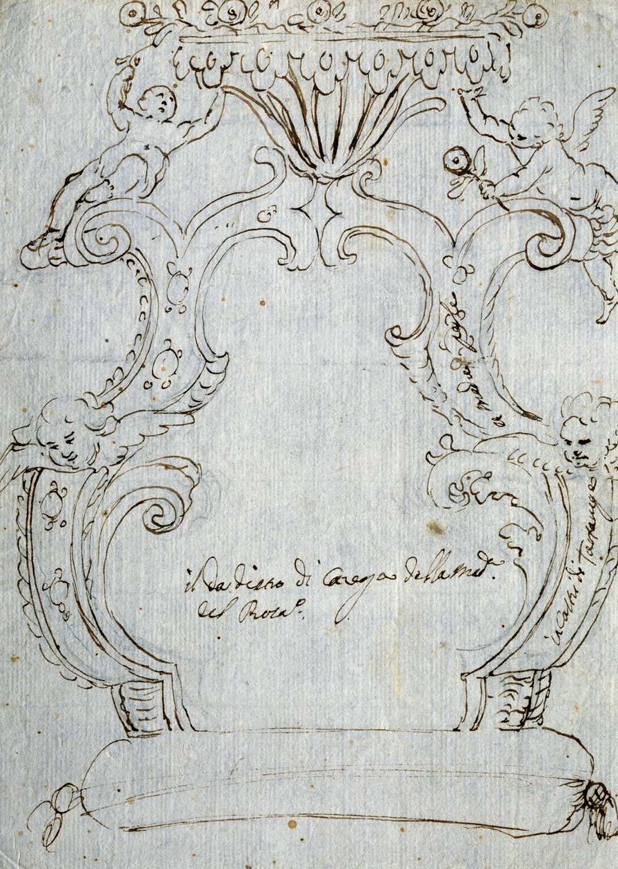 Sketch for chair back, ca 1715, by Andrea Brustolon (1662-1732), pencil and pen on white paper, Italy   1115287   pl       polish Successfully Translated  Original: Interior of a Farmhouse with Figures Translat: Interior of a Farmhouse with Figures 1222733 autorstwa Andrea Brustolon