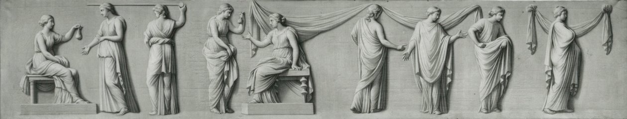 Tablica grisaille przedstawiająca procesję kobiecą z łzawicami autorstwa Andrea Casali